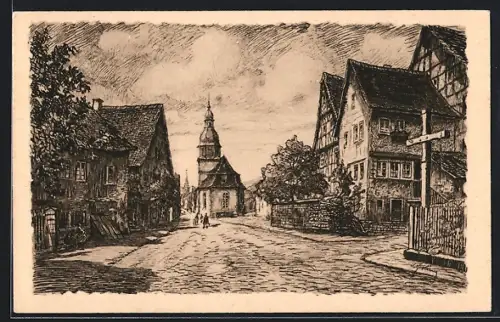 Künstler-AK Neustadt / Odenwald, Blick auf die ev. Kirche