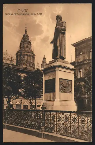 AK Mainz, Gutenberg-Denkmal und Dom