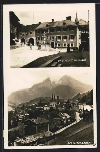 AK Berchtesgaden, Gasthof z. Neuhaus, Strassenpartie mit Kirche