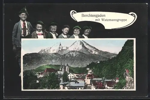 Grusskarten-AK Berchtesgaden, Teilansicht mit Watzmanngruppe, Jungen in Tracht, Passepartout