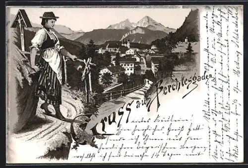 Lithographie Berchtesgaden, Ortsansicht mit Bergpanorama
