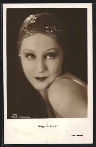 AK Schauspielerin Brigitte Helm mit extravaganter Kopfbedeckung