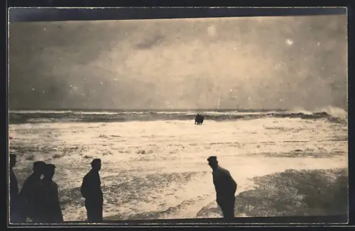 Foto-AK Wangerooge, Männer am Ufer bei der Sturmflut