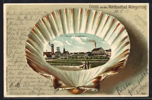 Passepartout-Lithographie Wangeroog, Kirche und Leuchtturm, Spaziergänger mit Hund, Jakobsmuschel