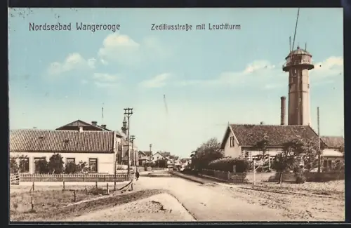 AK Wangerooge, Zediliusstrasse mit Leuchtturm