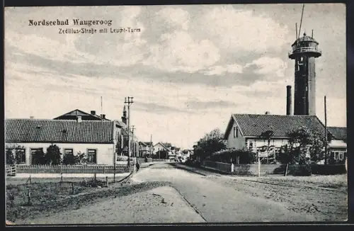 AK Wangerooge, Zedilius-Strasse mit Leuchtturm