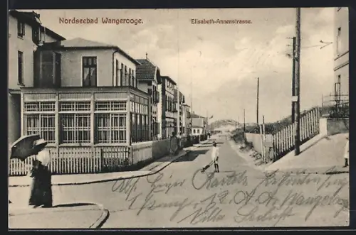 AK Wangerooge, Elisabeth-Annenstrasse, Dame mit Schirm