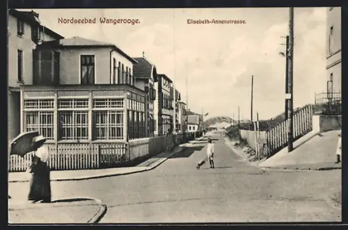 AK Wangerooge, Elisabeth-Annenstrasse, Dame mit Schirm
