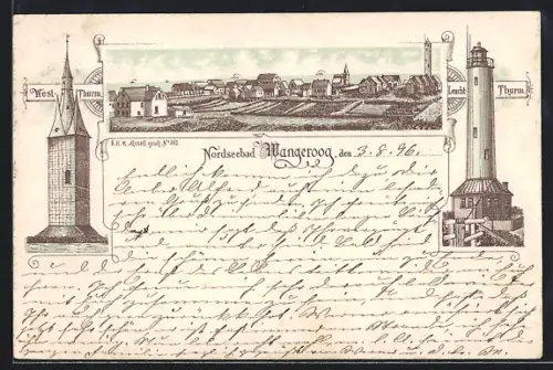 Lithographie Wangerooge, Westturm, Leuchtturm, Ortsansicht