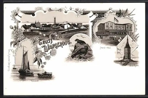 Lithographie Wangerooge, Strandhotel, Westturm, Fährschiff, Ortsansicht