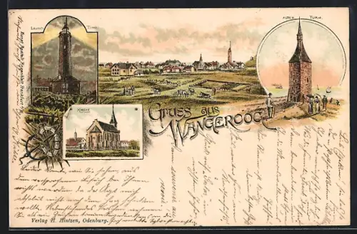 Lithographie Wangerooge, Leuchtturm, Kirche, Alter Turm