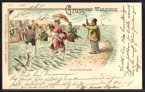 Lithographie Langeoog, Wattwanderer werden von der Flut überrascht