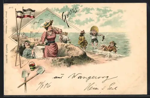 Lithographie Gruss vom Strand, Bub wird von Krebs in den Finger gezwickt, Bund der Sandwirthe