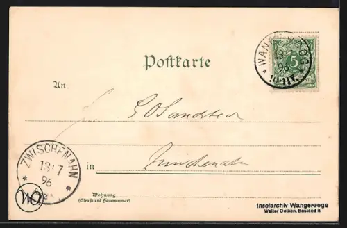 Lithographie Gruss vom Strand, Bub wird von Krebs in den Finger gezwickt, Bund der Sandwirthe