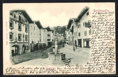 AK Berchtesgaden, Marktplatz, Brunnen, historische Gebäude