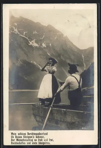 AK Königssee / Berchtesgaden, Paar in Trachten in einem Ruderboot