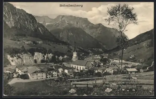 AK Schellenberg / Obb., Ortsansicht mit Kirche und Bergen