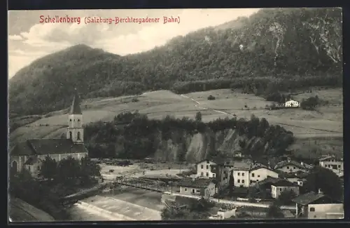 AK Schellenberg / Obb., Salzburg-Berchtesgadener Bahn, Kirche mit Bergpanorama