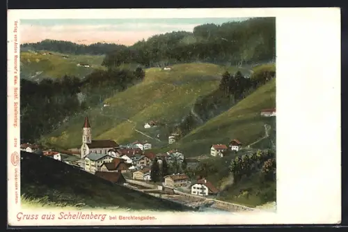 AK Schellenberg bei Berchtesgaden, Ortsansicht mit Kirche