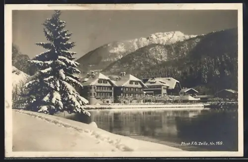 AK Königssee / Berchtesgaden, Hotel Schiffmeister mit Kehlstein im Winter