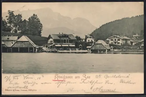 AK Königsee / Berchtesgaden, Seepromenade mit Bergpanorama