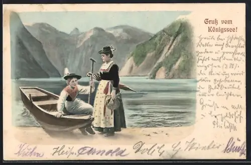 AK Königsee / Berchtesgaden, Zwei Frauen in Trachten am Ufer