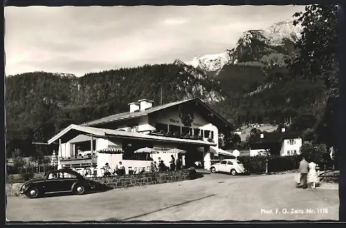 AK Königssee /Obb., Café Zechmeister, Blick auf Göll und Berge