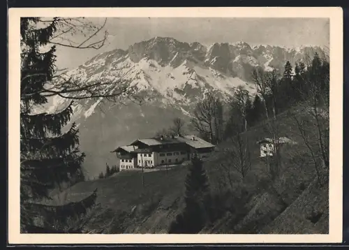 AK Oberau bei Berchtesgaden, Gasthaus Berggasthof Heissbäck mit dem Untersberg