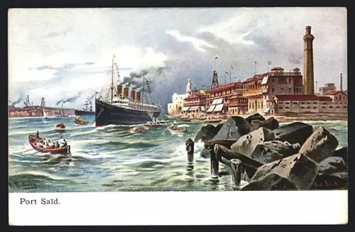 Künstler-AK F.Perlberg: Port Said, Teilansicht u. Dampfer
