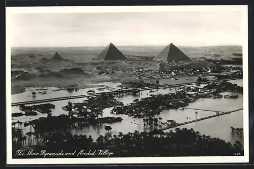 AK Cairo, The three Pyramids and flooded Village
