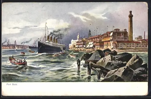 Künstler-AK F.Perlberg: Port Said, Teilansicht u. Dampfer