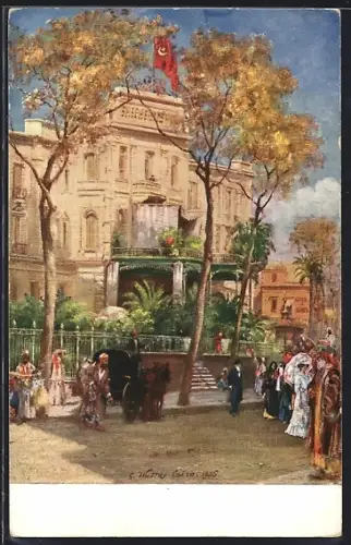 Künstler-AK Le Caire, Shepheard`s Hotel, Terrasse et l`entrée