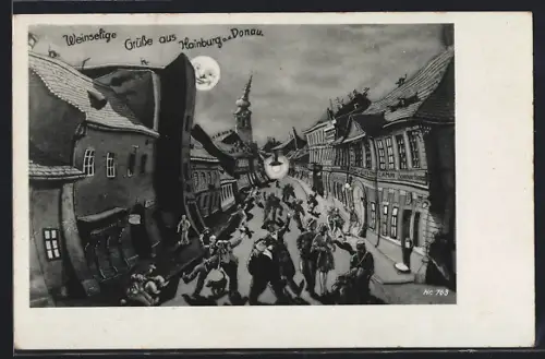 Künstler-AK Hainburg a. d. Donau, Hotel zum weissen Lamm, Betrunkener in der Strasse, Schiefe Häuser