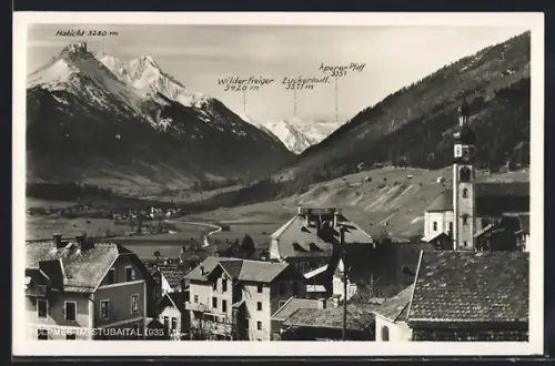 AK Fulpmes, Blick über die Dächer auf die Alpen, Habicht, Wilder Freiger, Zuckerhutl, Asperer Pfaff