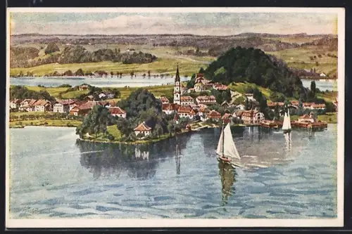 Künstler-AK Mattsee, Ortsansicht mit Segelbooten