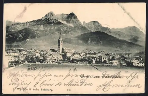 AK Saalfelden, Ortsansicht mit Kirche und Bergen