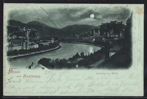 Mondschein-AK Salzburg, Ortsansicht von Mülln