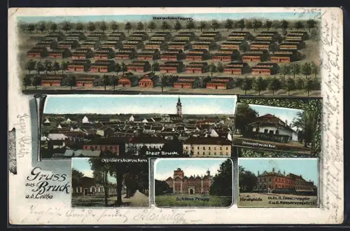 AK Bruck a. d. Leitha, Ansicht der Stadt Bruck, Hauptwache, Offiziersbaracken, Schloss Prugg