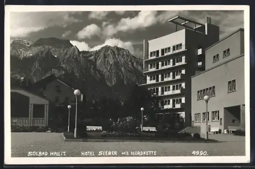 Foto-AK Hall i. T., Hotel Seeber mit Nordkette