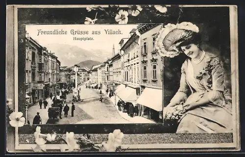 AK Villach, Hauptplatz im Passepartout, Frau im Kleid mit extravagantem Hut