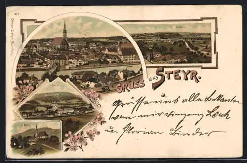 Lithographie Steyr, Garsten, Neulust, St. Ulrich, Ortsansicht aus der Vogelschau