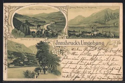 Lithographie Innsbruck, Schloss Weiherberg, Schloss Ambras, Partie am Innquai