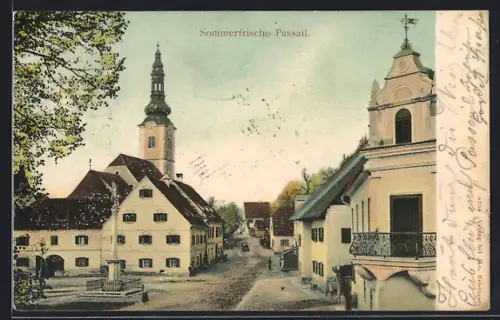 AK Passail, Ortspartie mit Standbild und Kirche