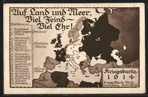 AK Kriegskarte 1914, Dreibund Deutschland, Österr.-Ungarn und Italien