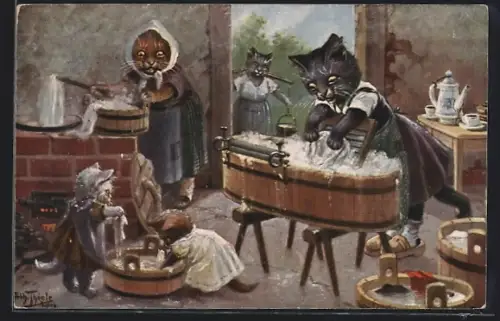 Künstler-AK Arthur Thiele: Katzenfamilie bei der Wäsche