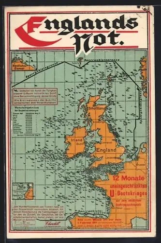 AK Englands Not, U-Bootkrieg, Propaganda 1. Weltkrieg, Landkarte mit Sperrgebietsgrenze