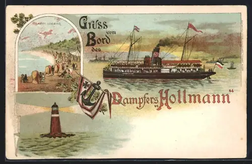 Lithographie Dampfer Hollmann, Laboe Strandpartie und Leuchtturm