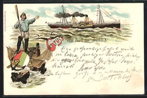 Lithographie Passagierschiff Cobra auf hoher See, Wappen