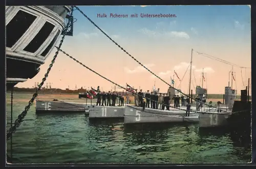 AK Hulk Acheron mit U-Booten U 16, U 11, U 5 und U 13