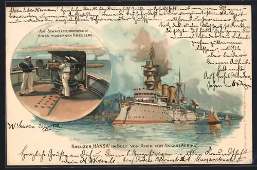 Lithographie Kreuzer Hansa im Golf von Aden vor Anker, Matrosen am Schnellfeuergeschütz